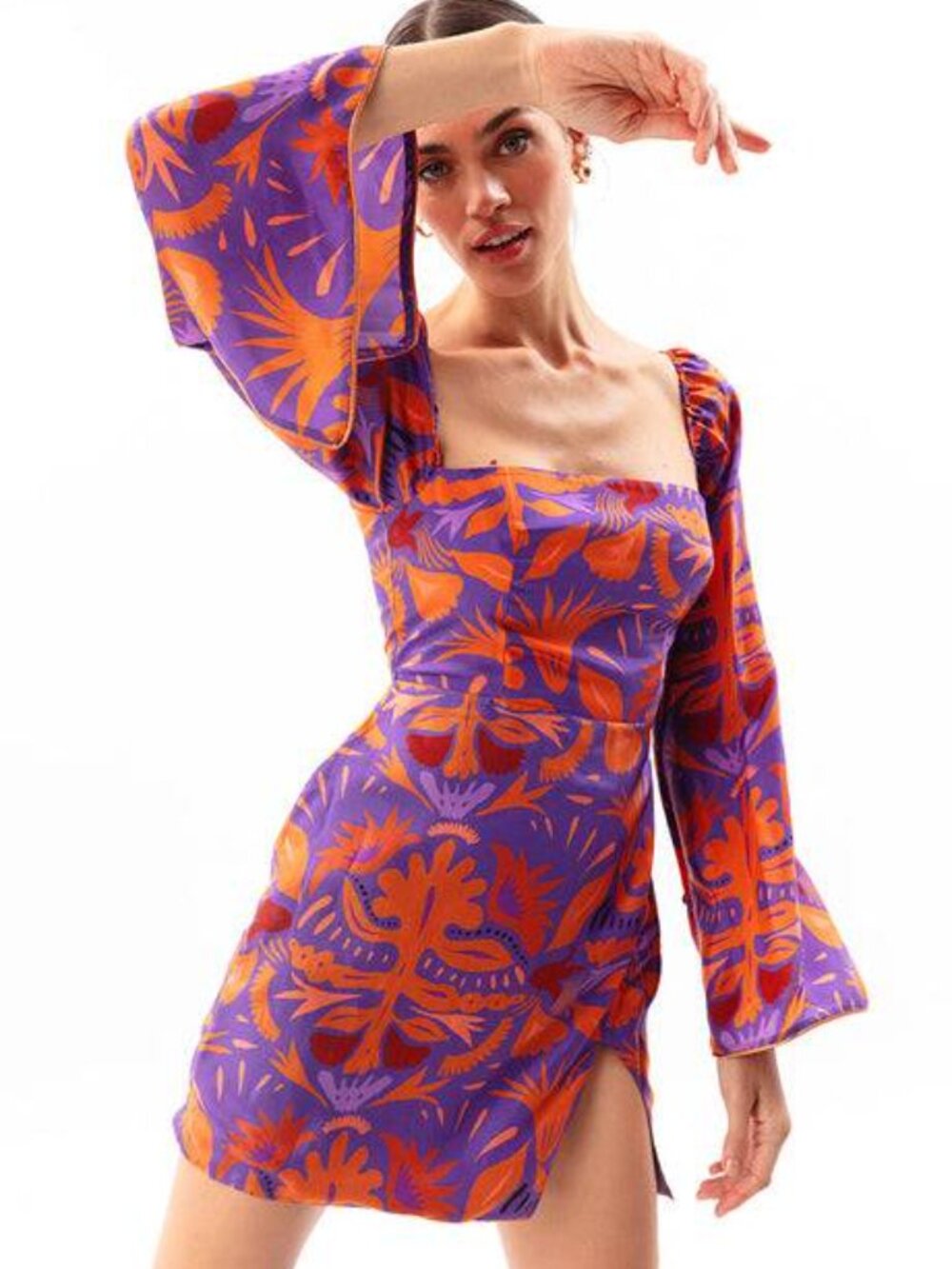 Movom Square Neck Mini Dress Mauve Orange Print Long Sleeve S